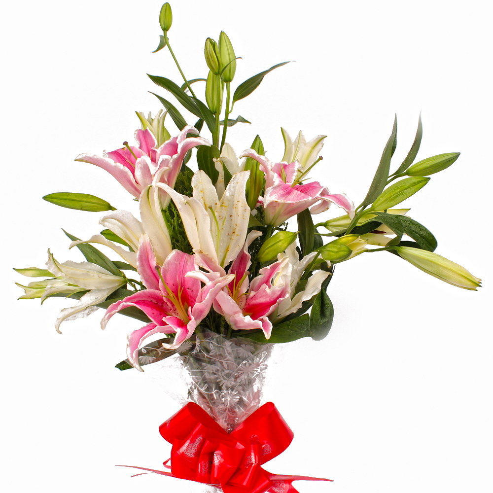 Dozen Mix White and Pink Lilies Hand Bunch