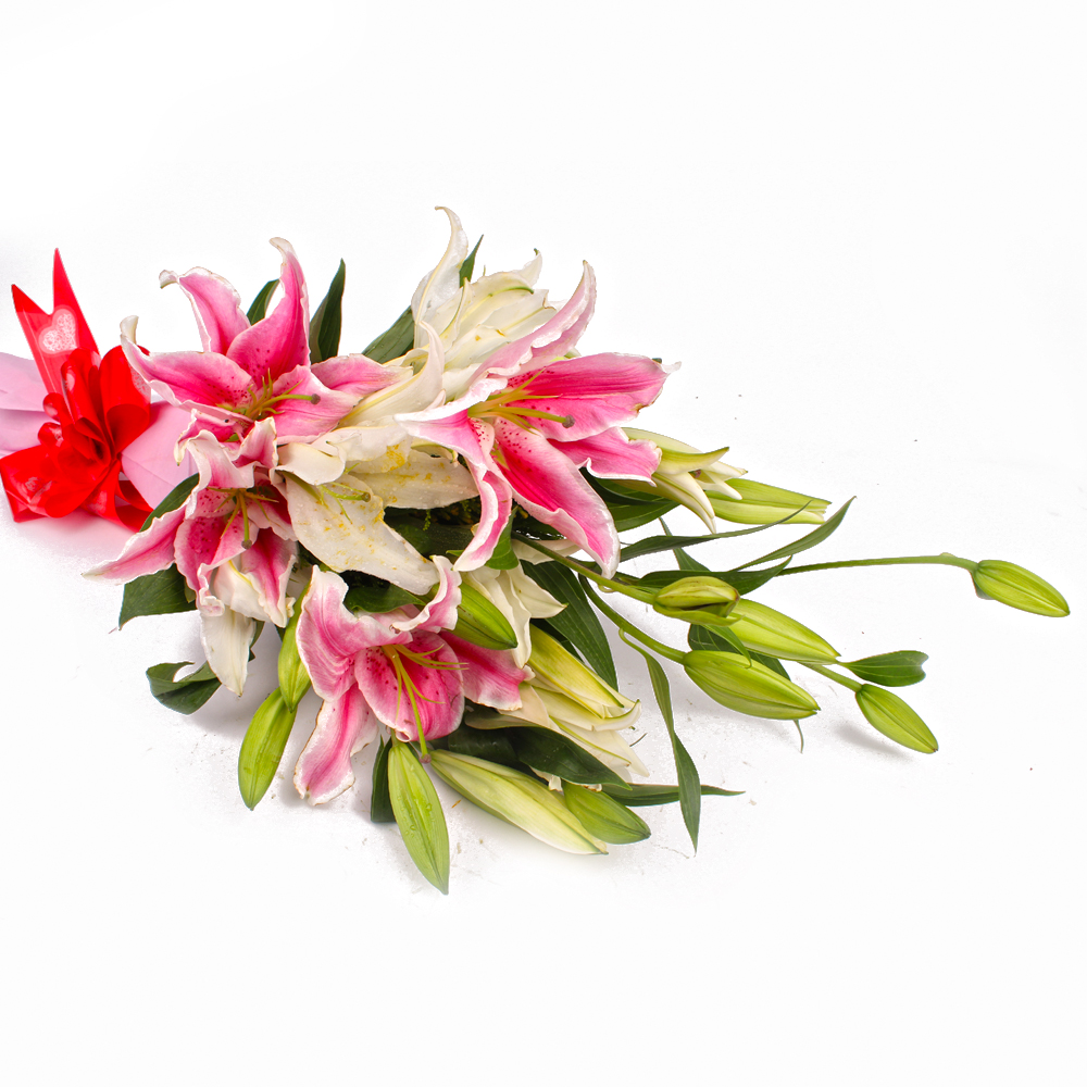 Dozen Mix White and Pink Lilies in Tissue Wrapped