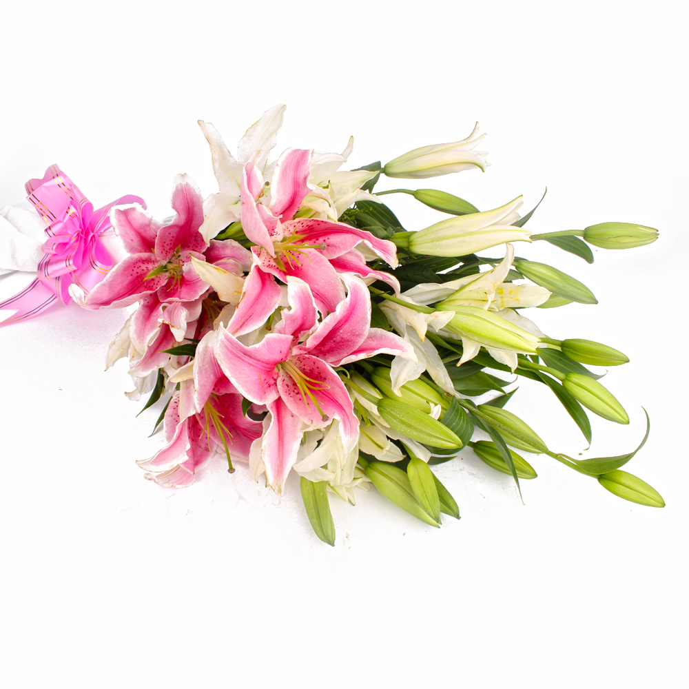 Fifteen White and Pink Lilies in Tissue Packing