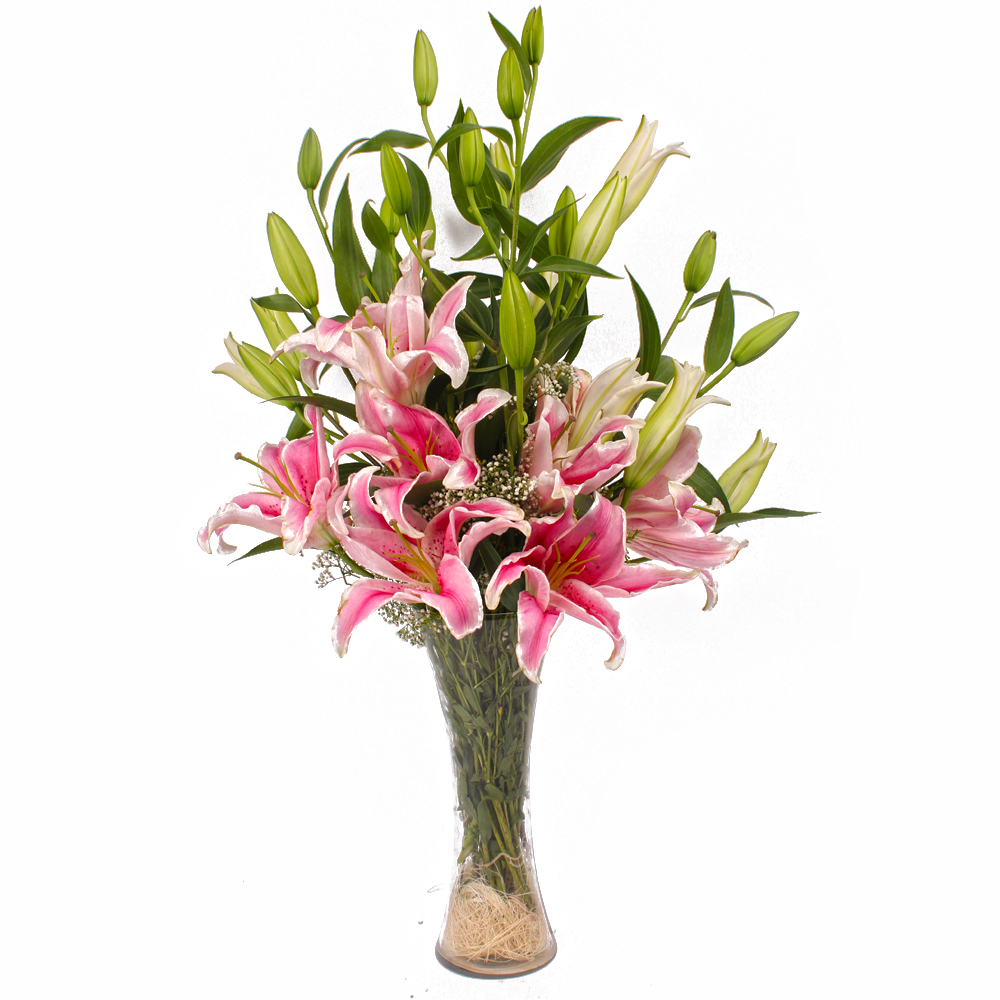 Dozen Pink Lilies arranged in a Classical Vase