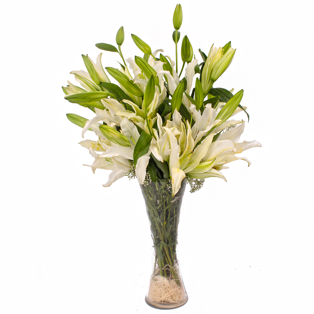 Ten White Lilies arranged in a Classical Glass Vase