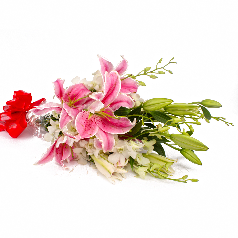 Bouquet of White Orchids and Pink Lilies with Cellophane Packing