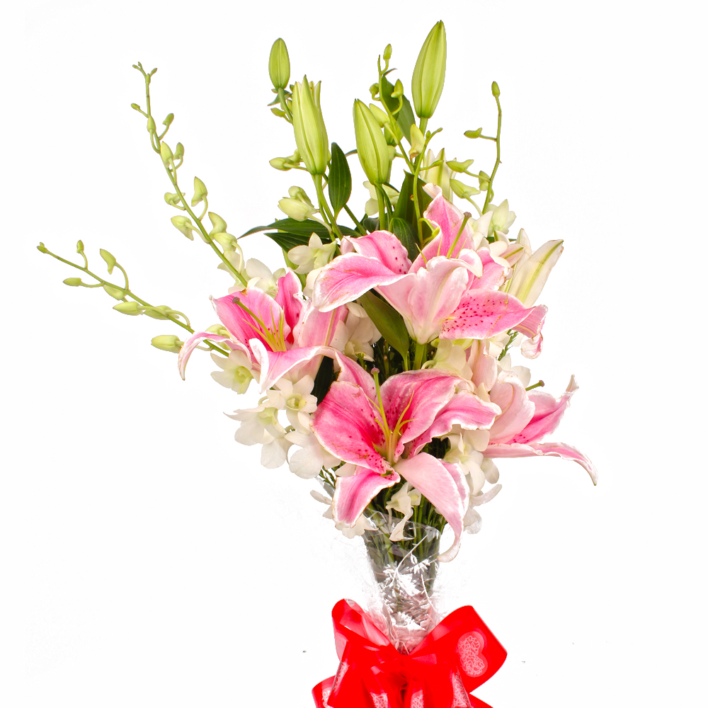 Bouquet of White Orchids and Pink Lilies with Cellophane Packing