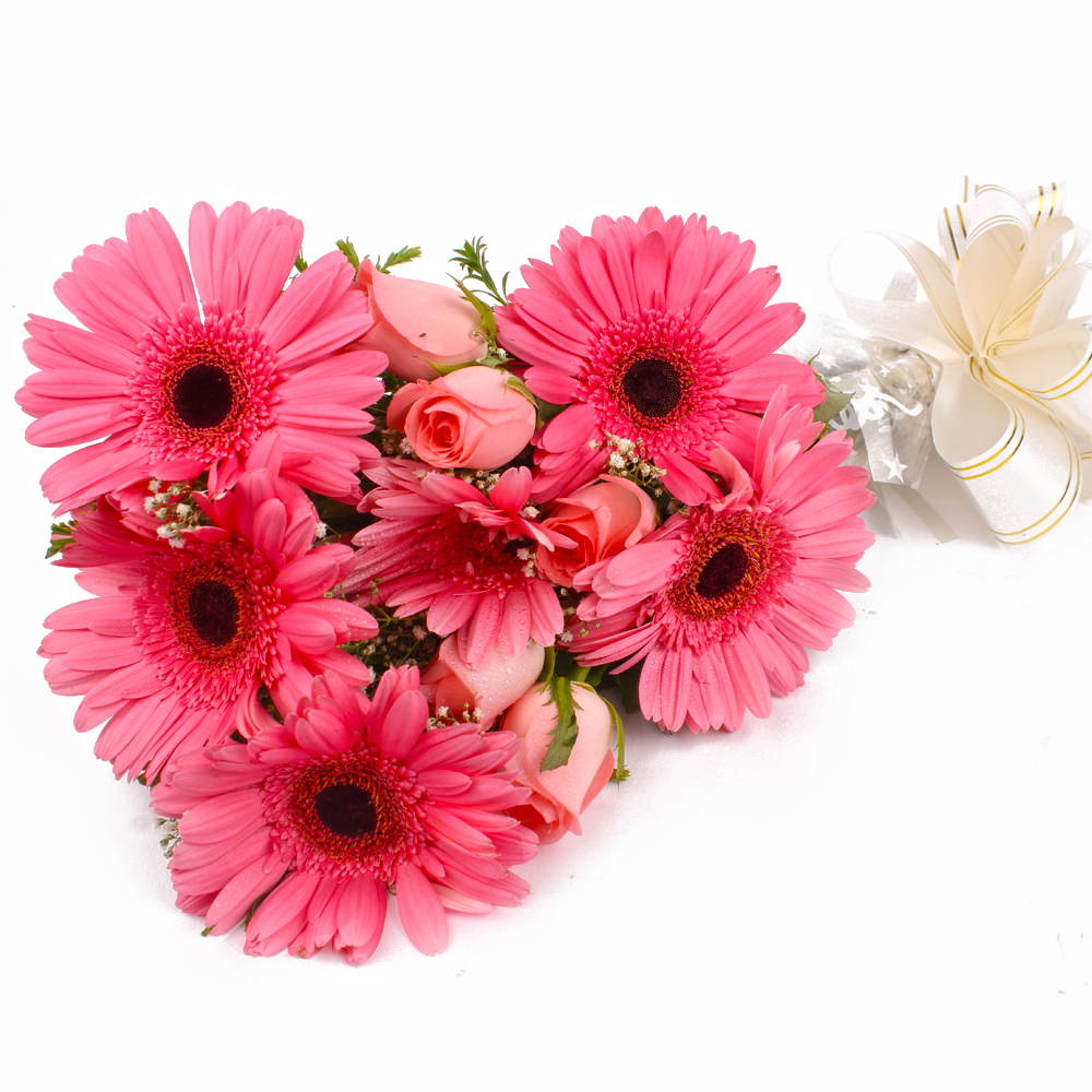 Pink Gerberas and Pink Roses Flowers Bouquet
