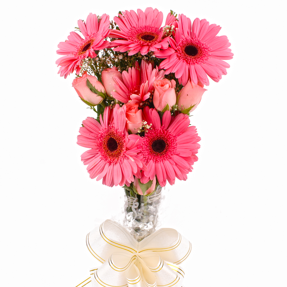 Pink Gerberas and Pink Roses Flowers Bouquet