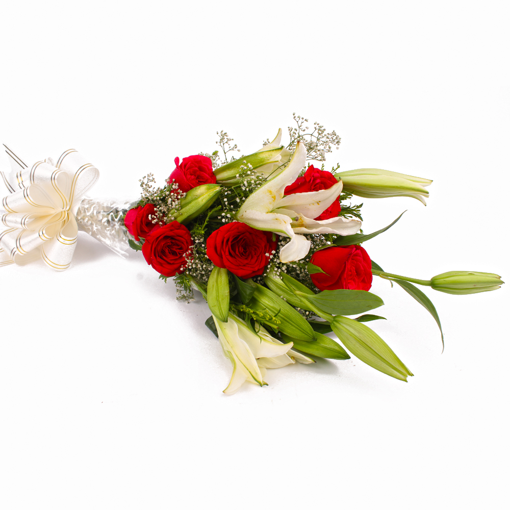 Bouquet of Red Roses with Lilies with Cellophane Packing