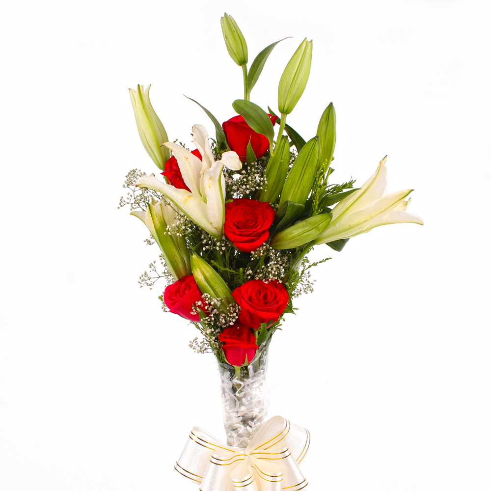 Bouquet of Red Roses with Lilies with Cellophane Packing