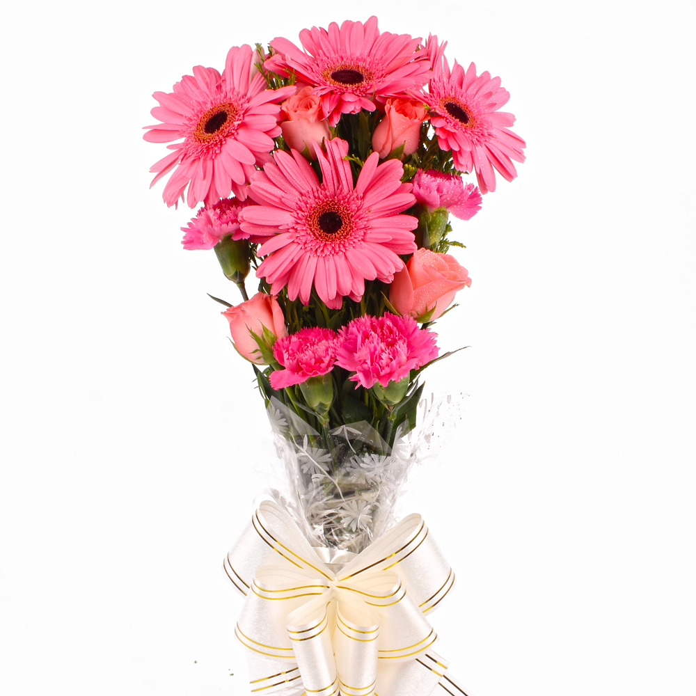 Dozen Pink Color Mix Flowers Hand Tied