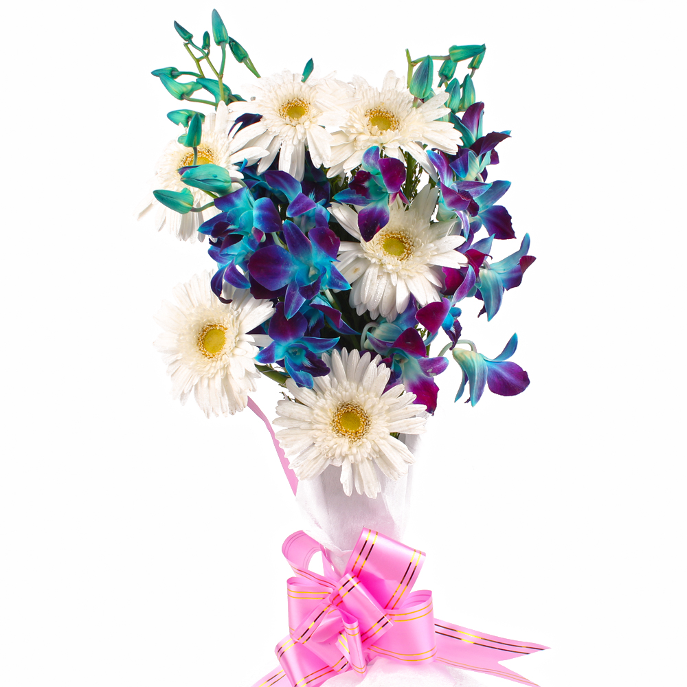 Orchids with Gerberas Hand Bunch with Paper Wrapped