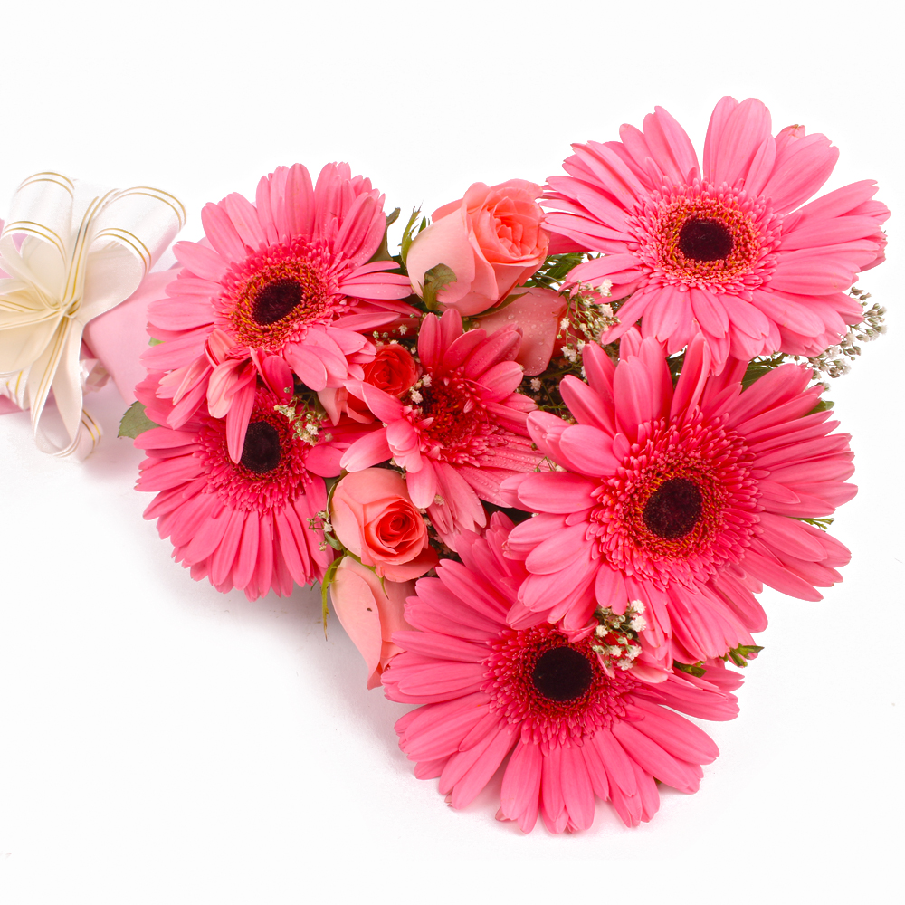Bouquet of Pink Roses and Gerberas in Paper Wrapping