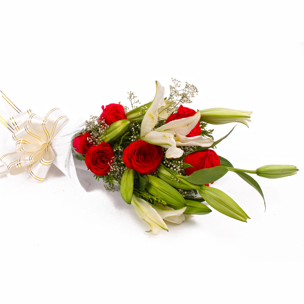 Red Roses with White Lilies in Tissue Wrapping