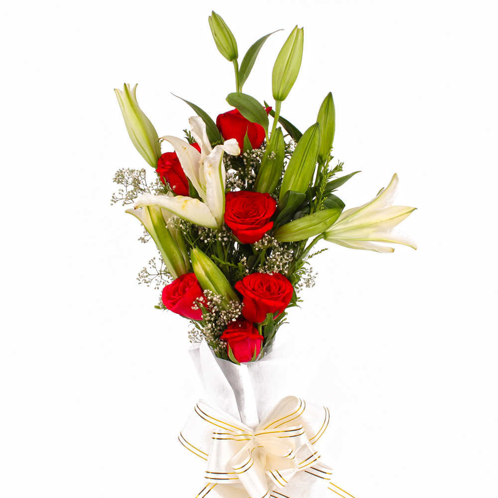 Red Roses with White Lilies in Tissue Wrapping