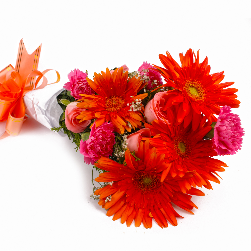 Bunch of Orange Gerberas and Pink Roses with Pink Carnations