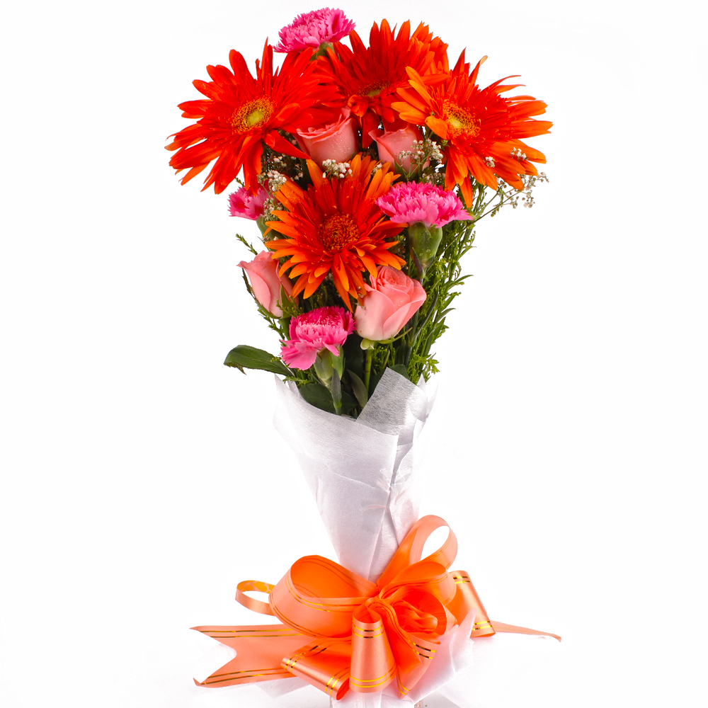 Bunch of Orange Gerberas and Pink Roses with Pink Carnations