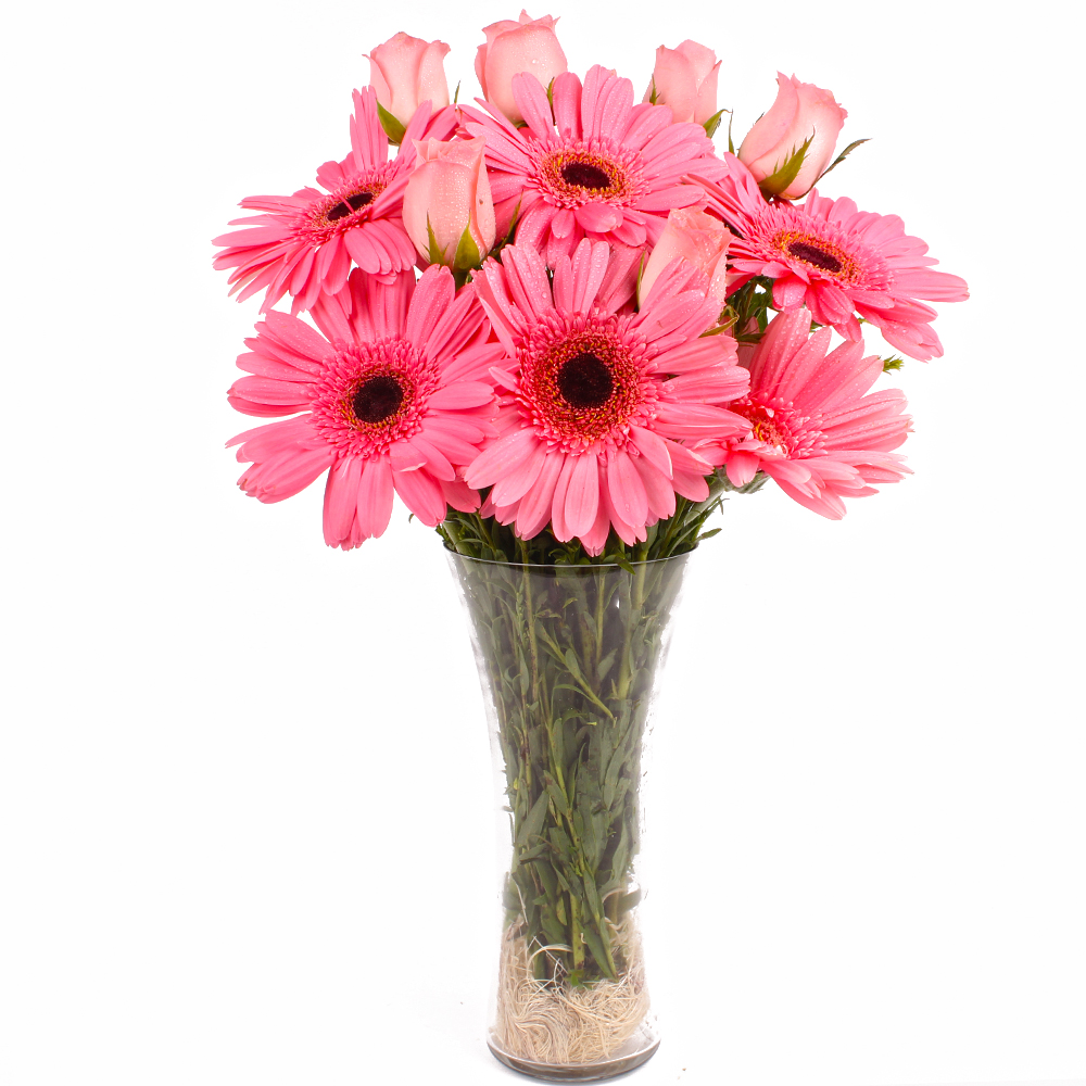 Classical Glass Vase Arrangement of Pink Roses and Gerberas