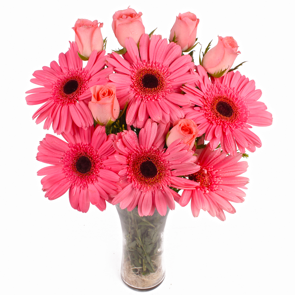 Classical Glass Vase Arrangement of Pink Roses and Gerberas