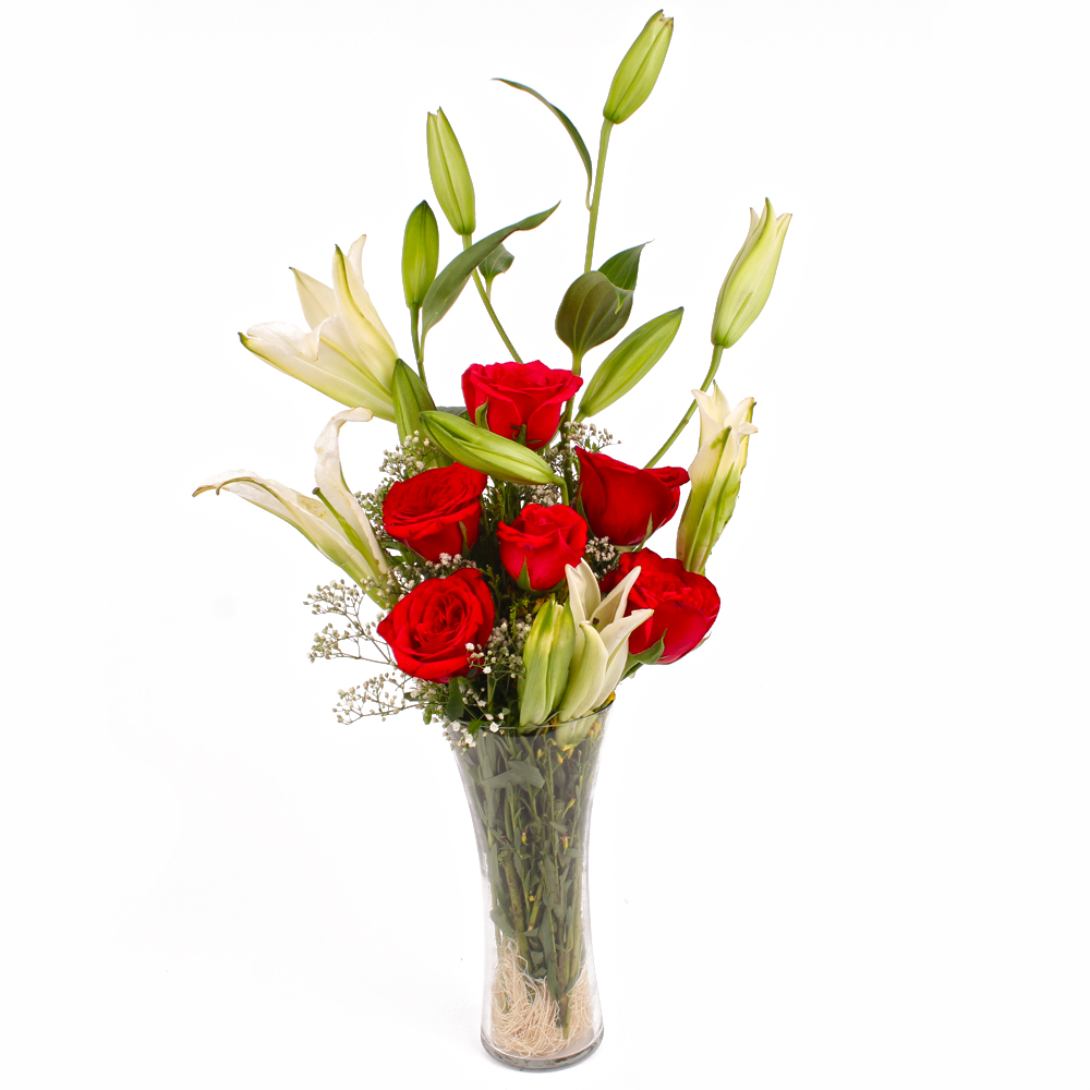 Exotic Vase Arrangement of Lilies and Red Roses