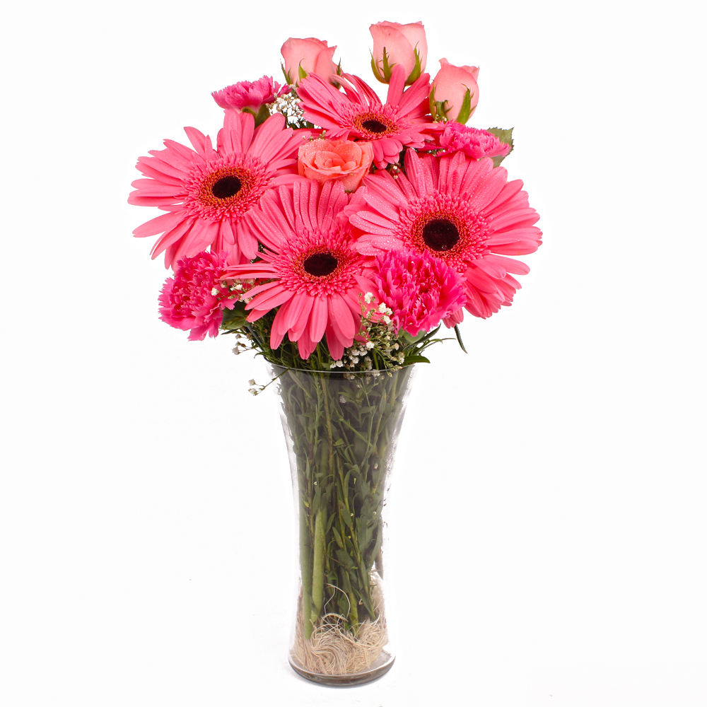 Glass Vase Arrangement of Pink Seasonal Flowers