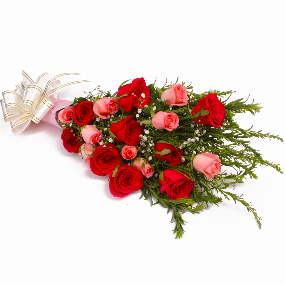 Bouquet of 18 Pink and Red Roses in Tissue Wrapping