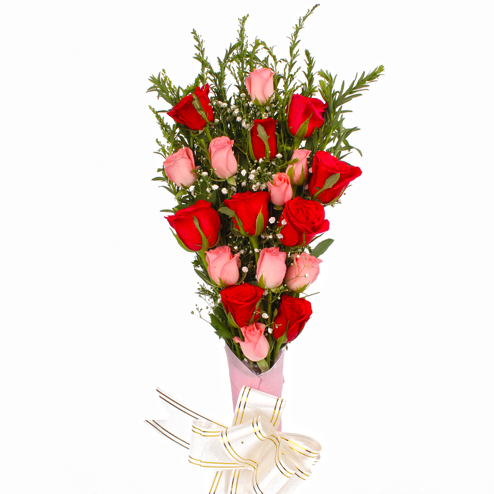 Bouquet of 18 Pink and Red Roses in Tissue Wrapping
