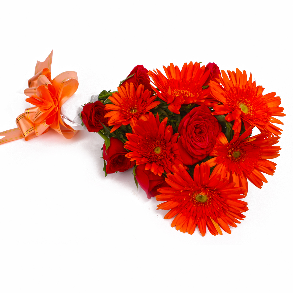 Bouquet of Red Roses and Red Gerberas with Tissue Wrapping