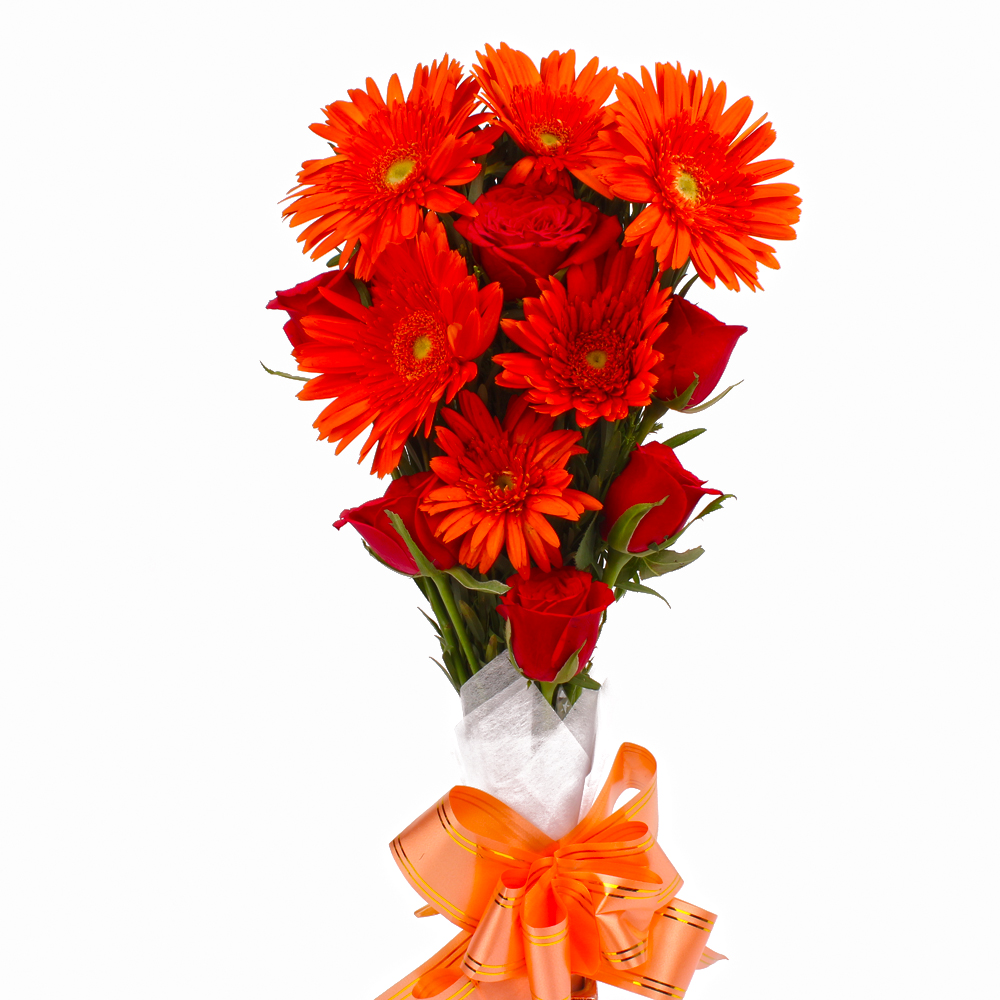 Bouquet of Red Roses and Red Gerberas with Tissue Wrapping