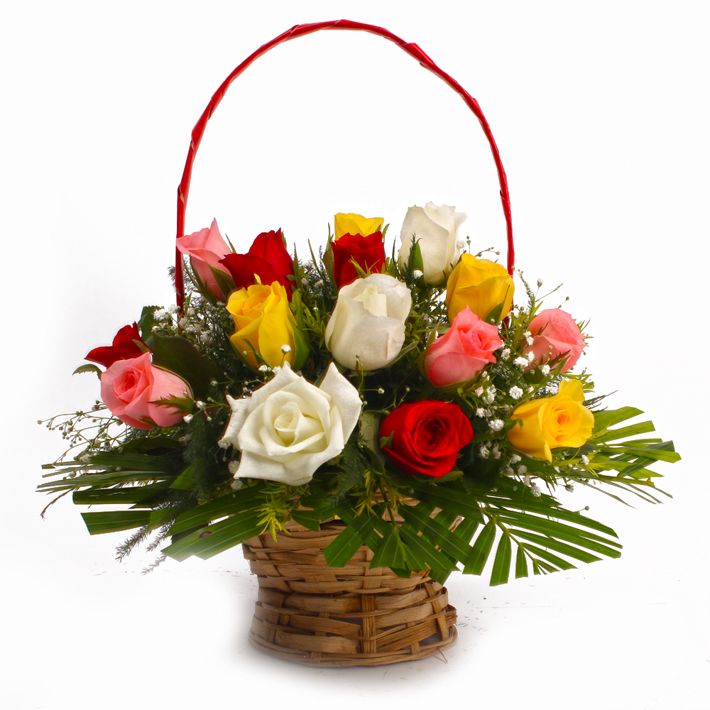 Round Basket of Fifteen Colorful Roses