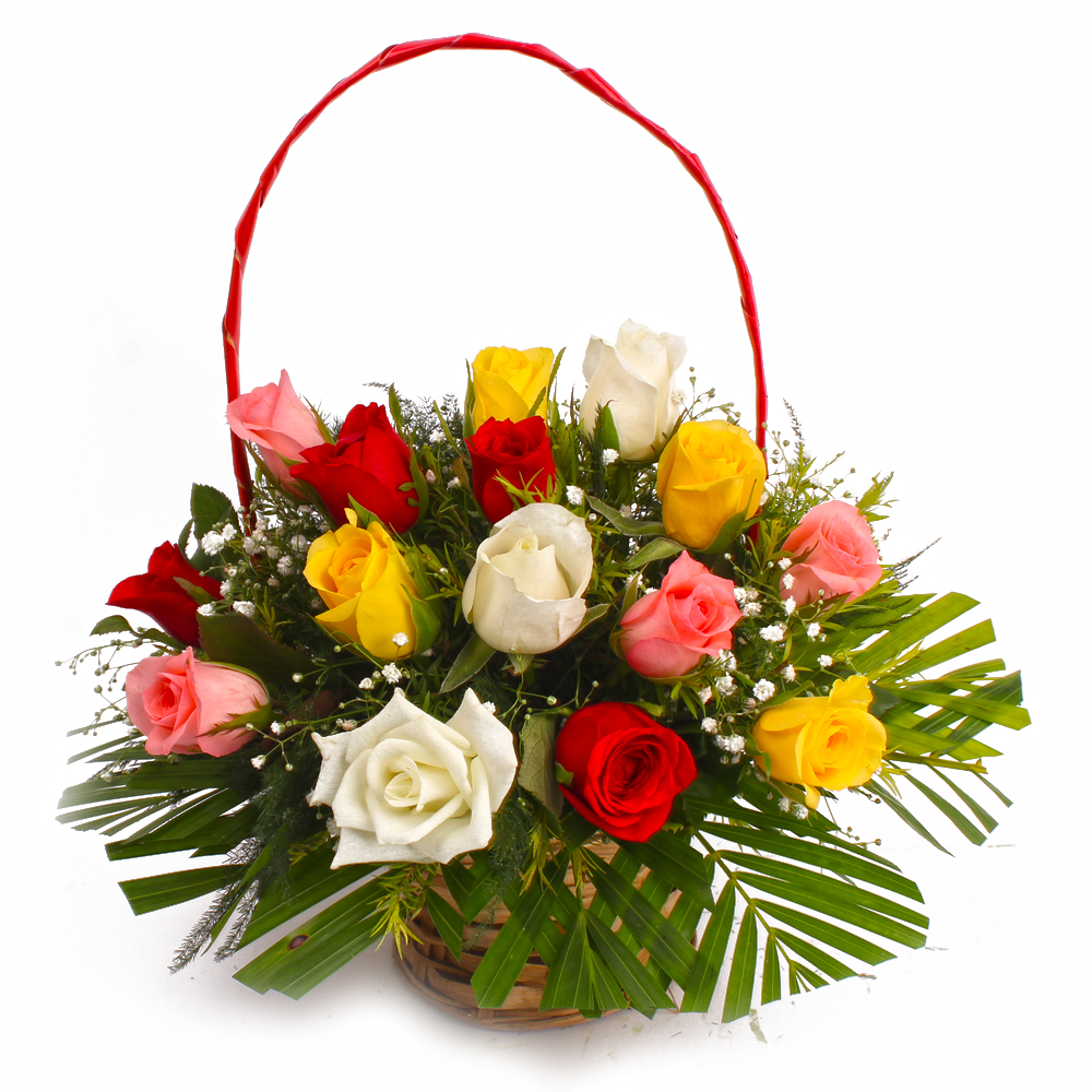 Round Basket of Fifteen Colorful Roses