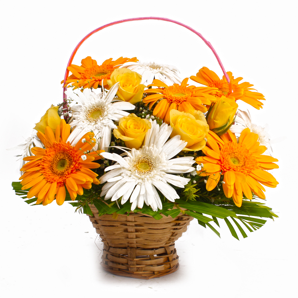 Brighten Basket of Yellow and White Gerberas with Yellow Roses