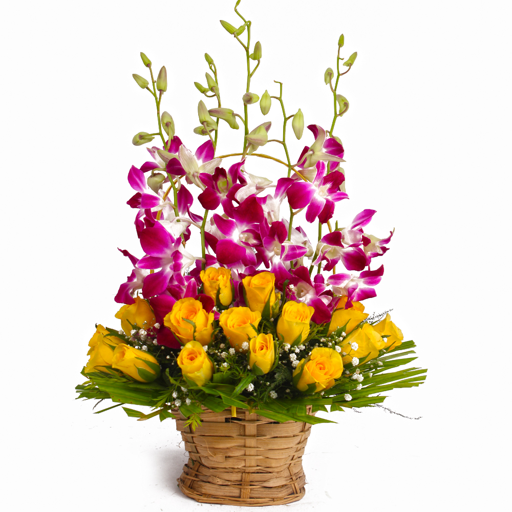 Basket of Yellow Roses with Purple Orchids