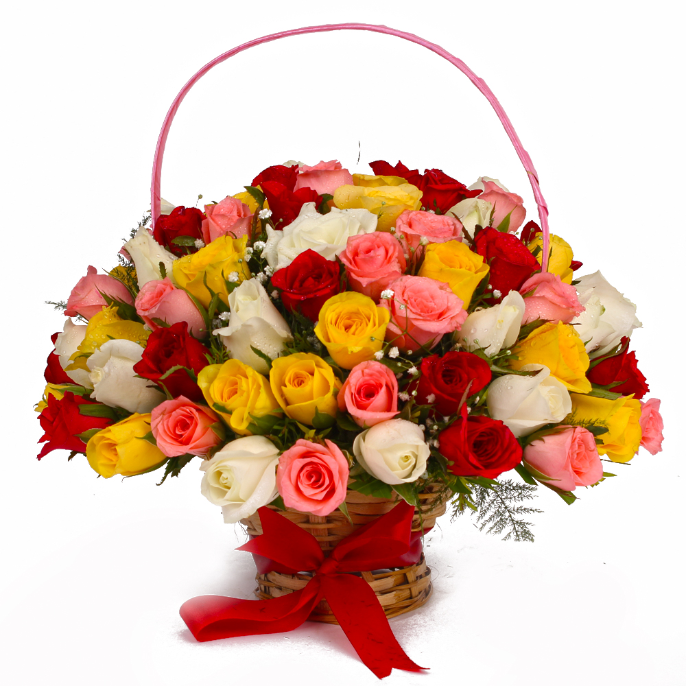 Basket Arrangement of Fifty Colorful Roses