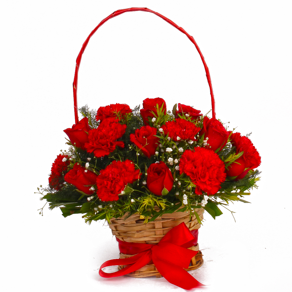 Basket of Fifteen Red Roses and Red Carnations