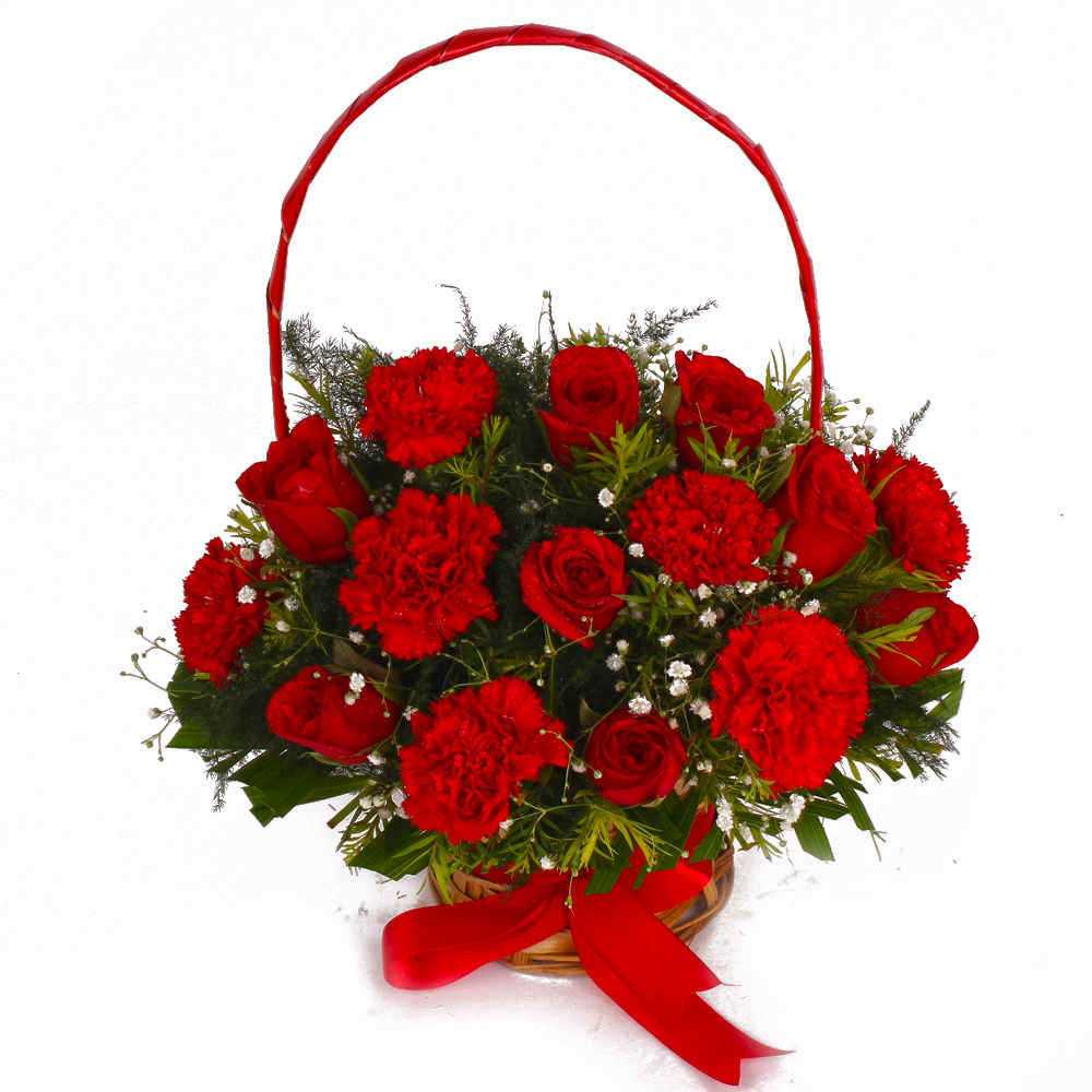 Basket of Fifteen Red Roses and Red Carnations