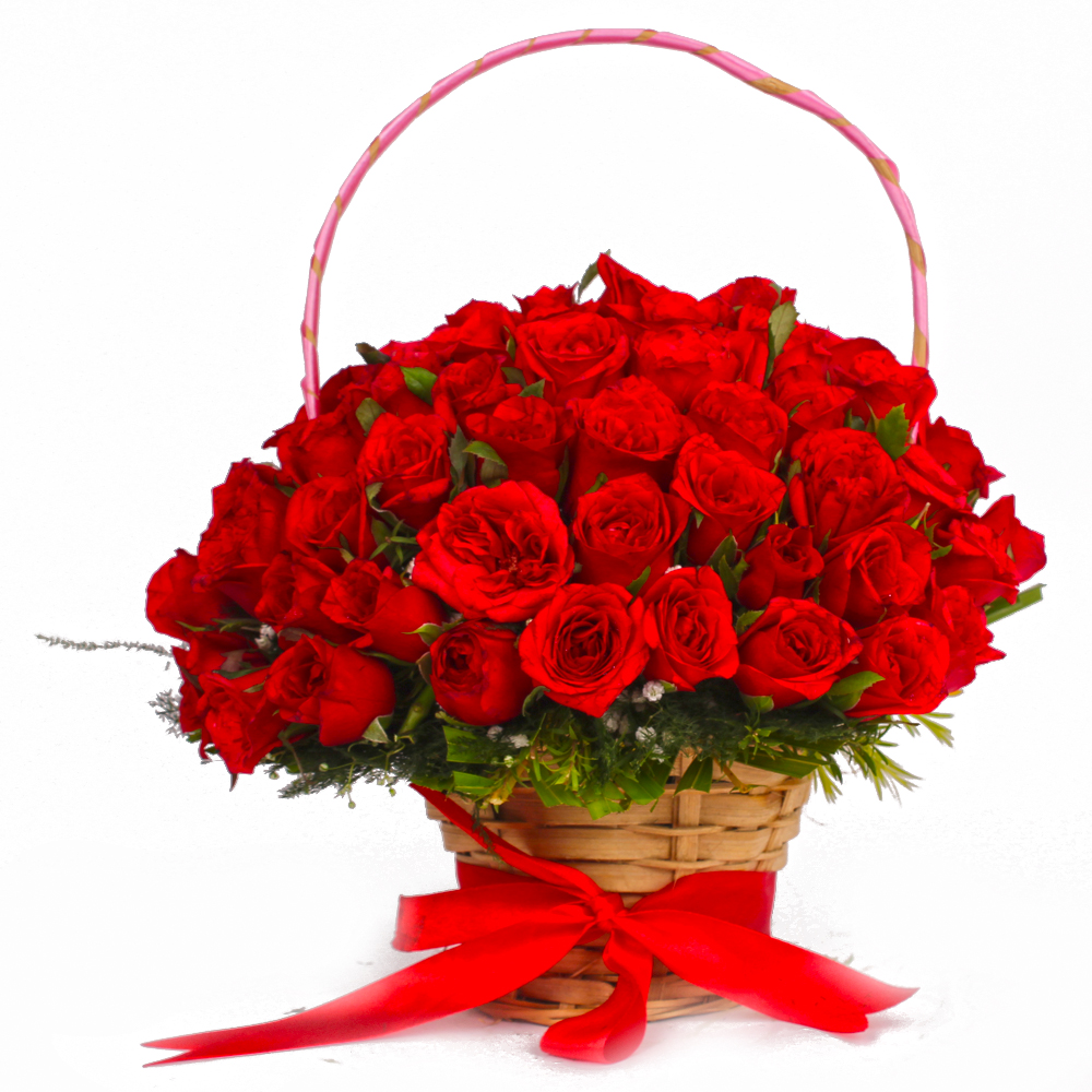 Basket Arrangement of 50 Romantic Red Roses