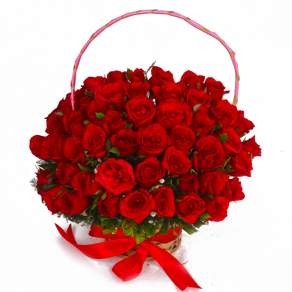 Basket Arrangement of 50 Romantic Red Roses