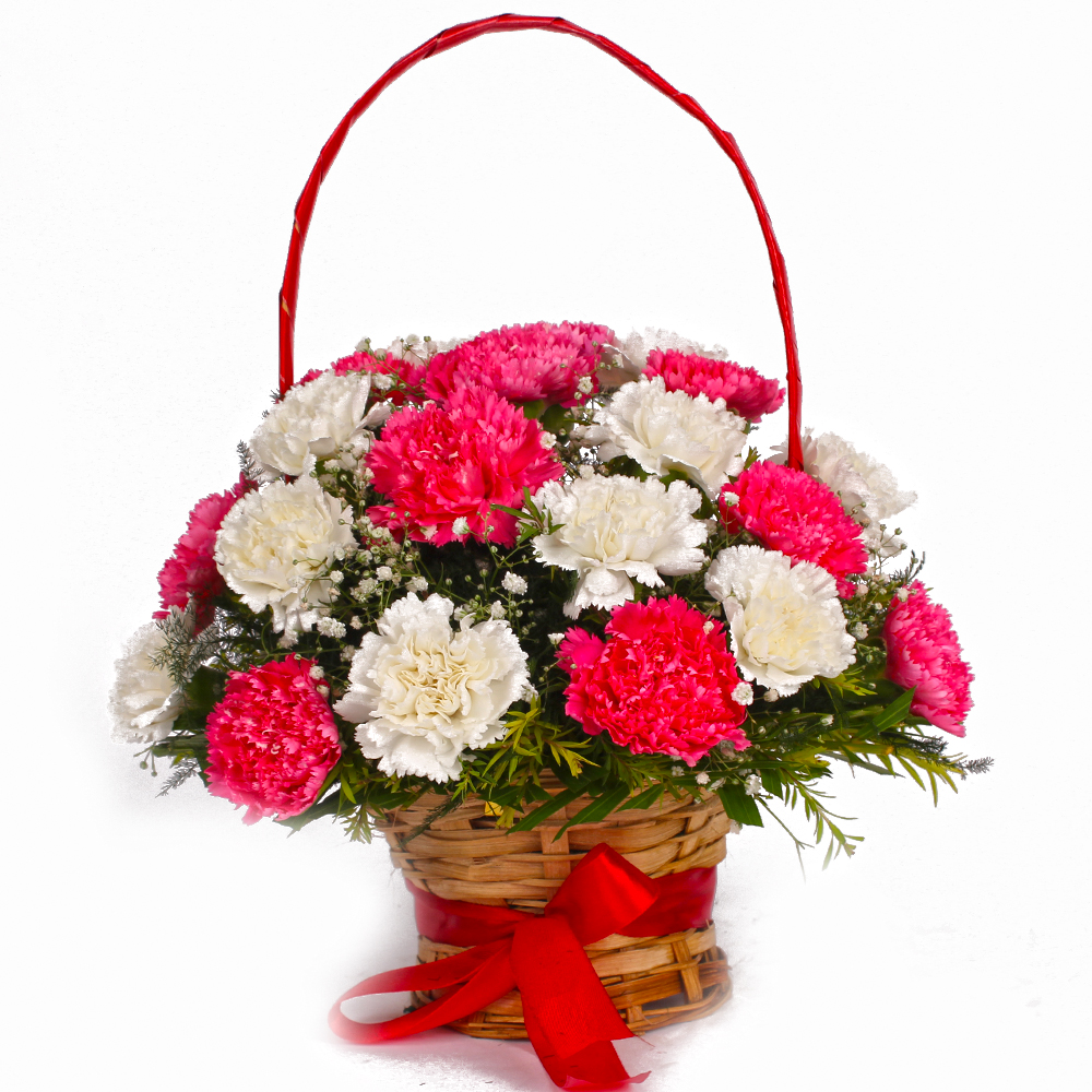 Basket of Eighteen Pink and White Carnations