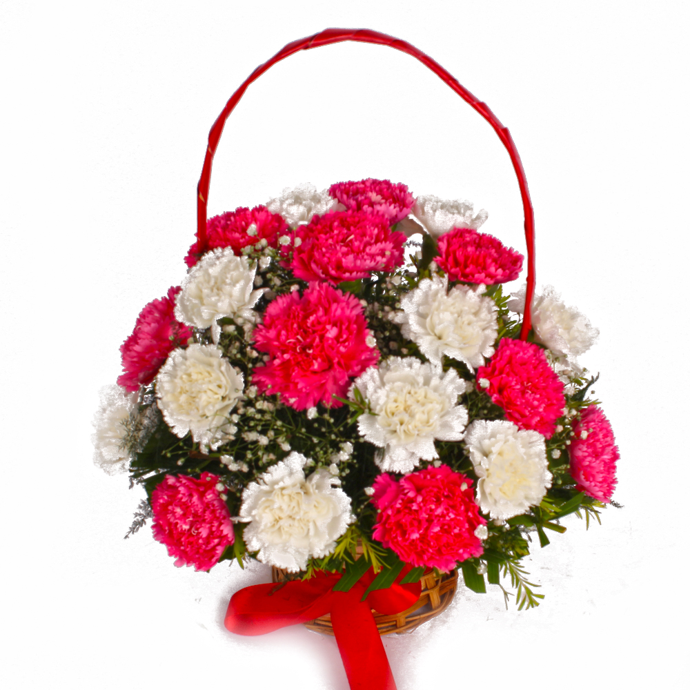 Basket of Eighteen Pink and White Carnations