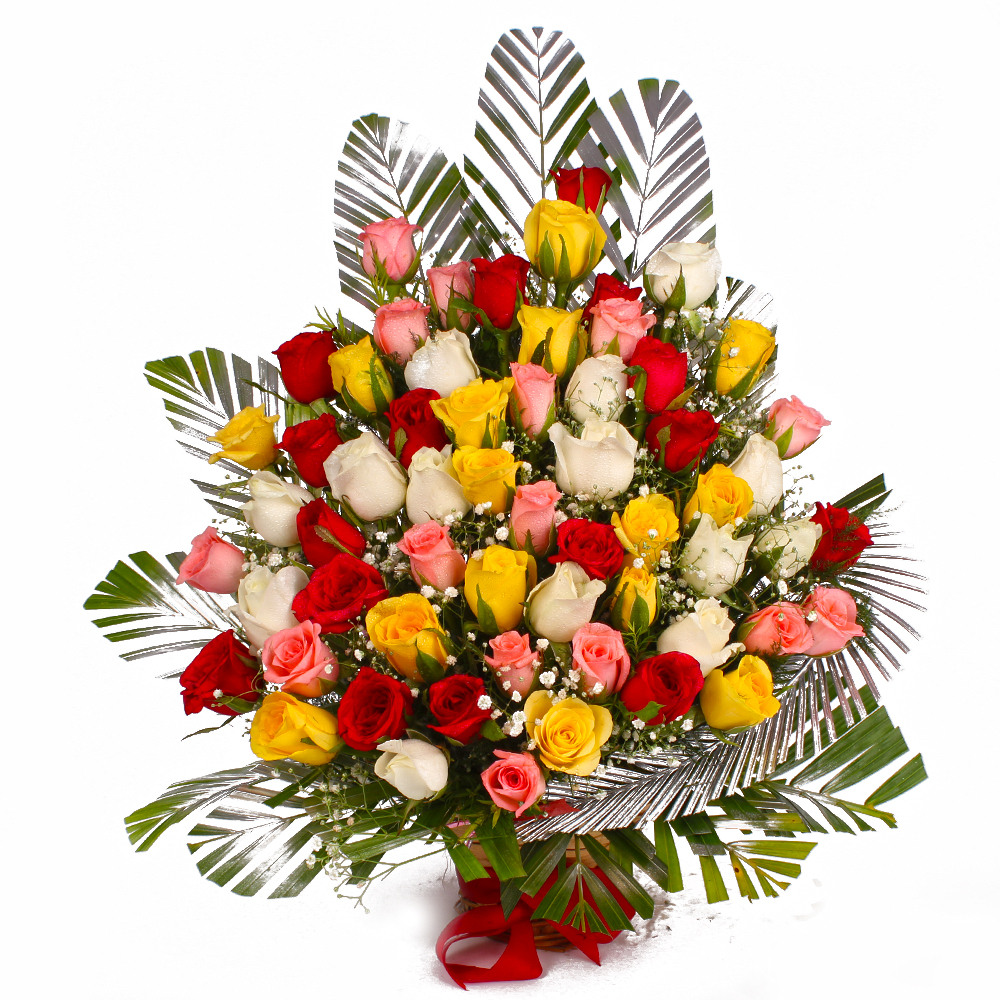 Basket Arrangement of 75 Multi Color Roses