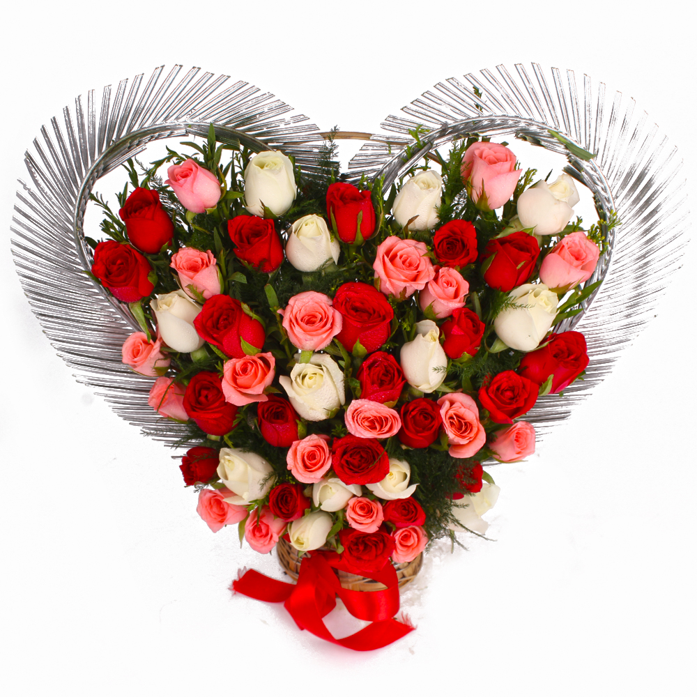 Heart Shape Arrangement of 50 Multi Color Roses