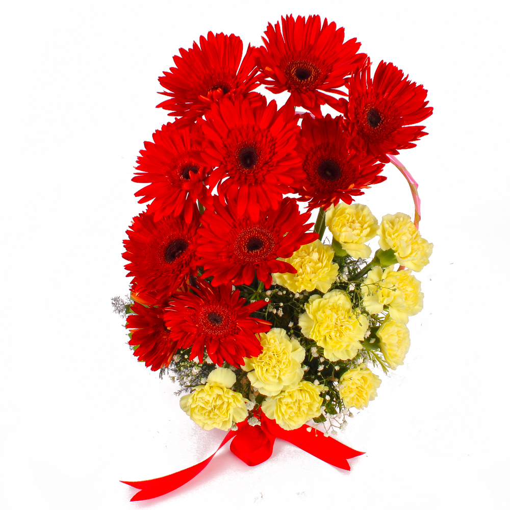 Basket of Red Gerberas with Yellow Carnations