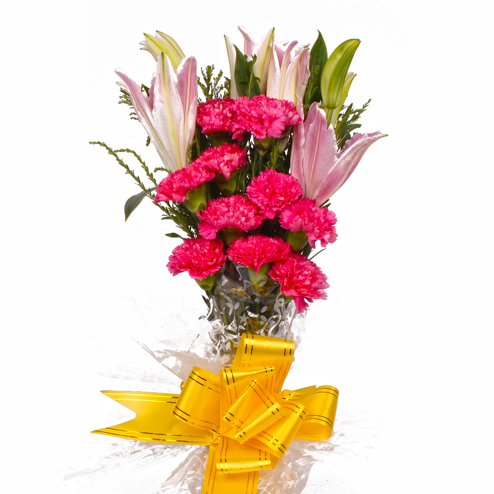 Fifteen Pink Carnations and Lilies Bouquet