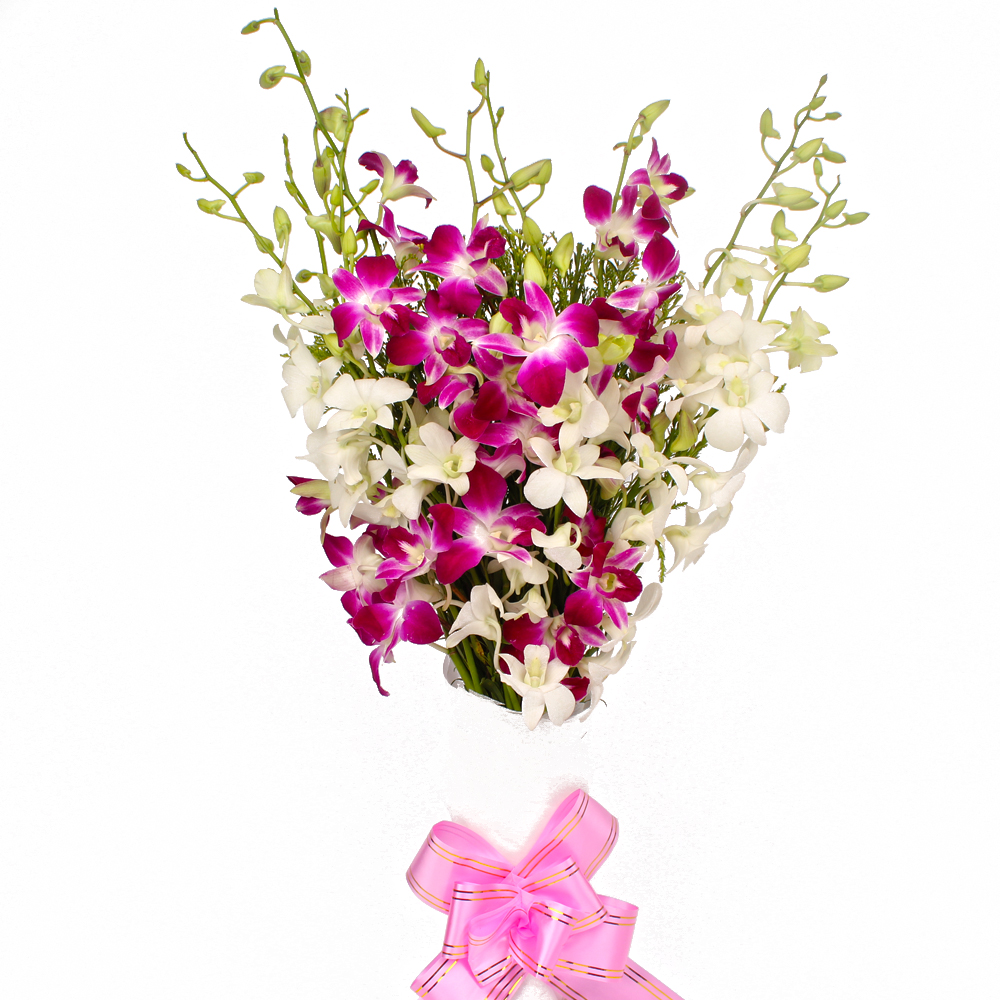 Ten White and Purple Orchids Bouquet with Tissue Packing