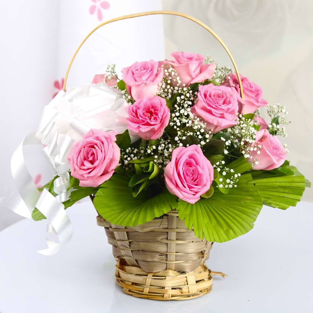 Elegant Pink Roses Basket