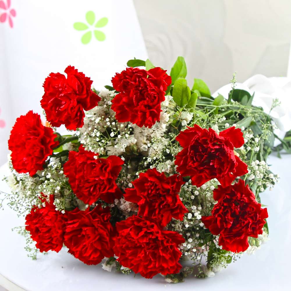 Ten Red Carnation Bouquet with Cellophane Wrapping