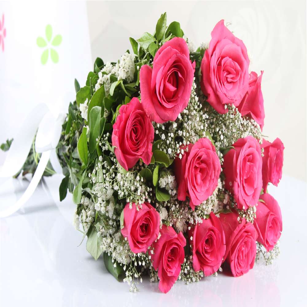Twelve Pink Roses Bouquet