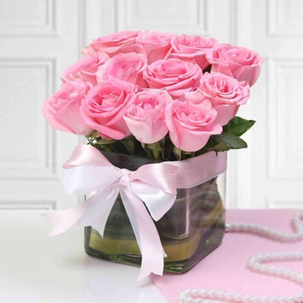 Pink Roses in Glass Vase