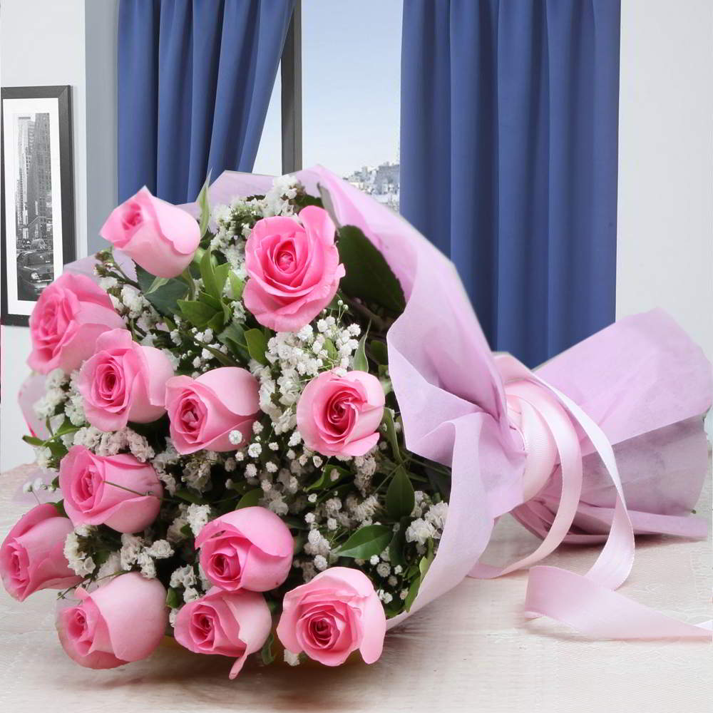Twelve Pink Roses Wrapped in Tissue