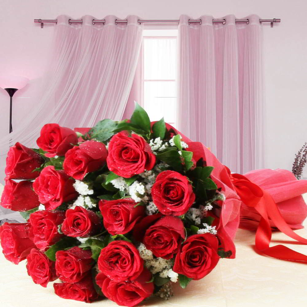 Tissue Wrapped Eighteen Red Roses Bouquet