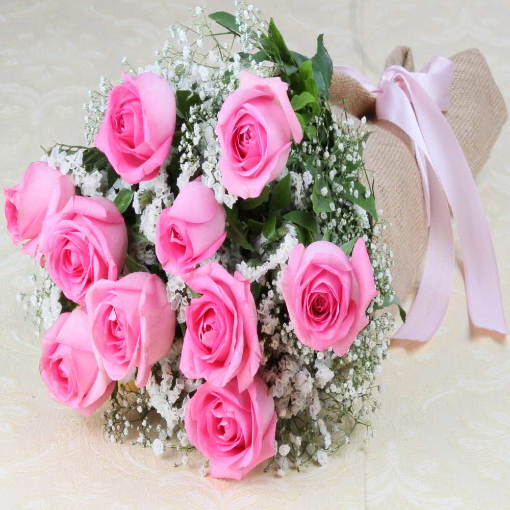 Pink Roses Bouquet in a Jute Wrapping
