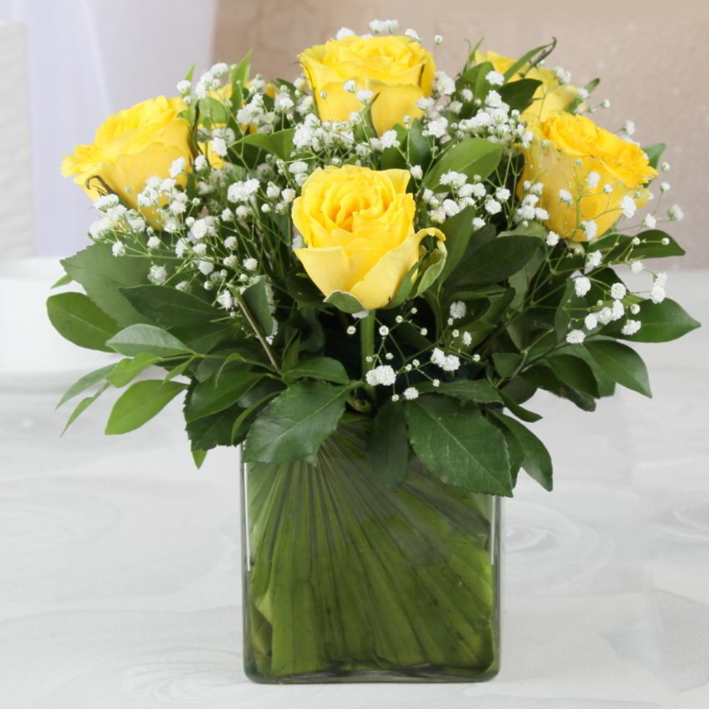 Glass Vase of Six Lovely Yellow Roses